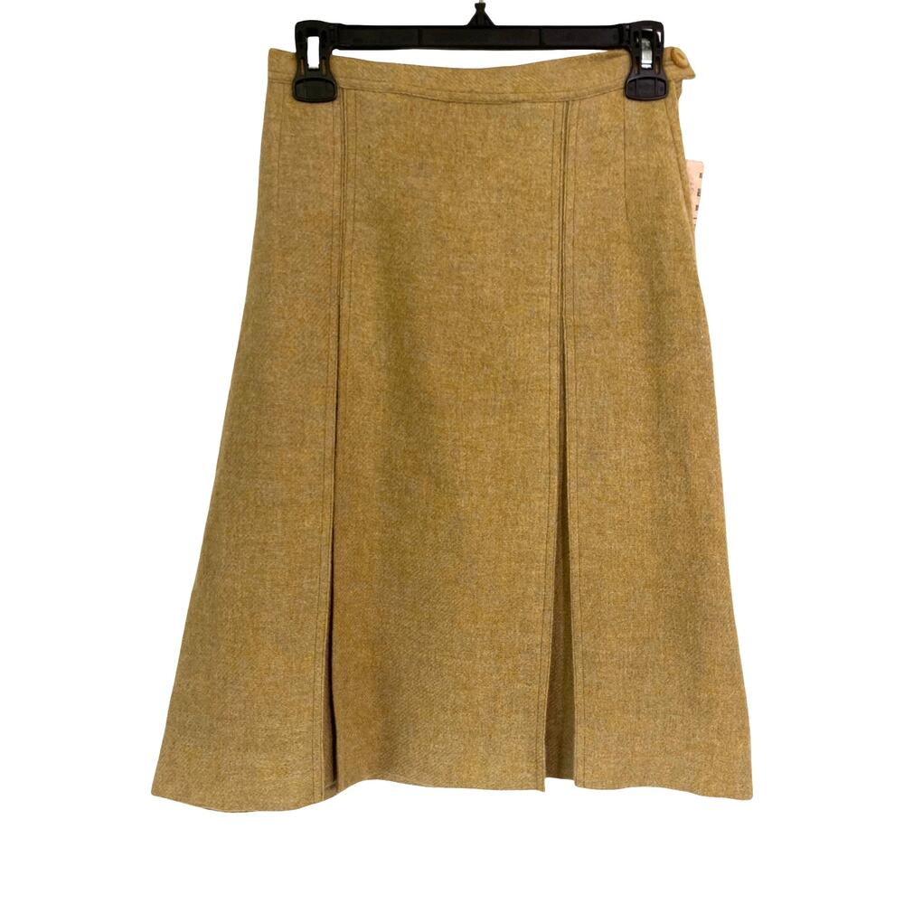 Miss Adventure Vintage Wool A-Line Skirt Women's XS Tan Tweed Midi Front Pleat